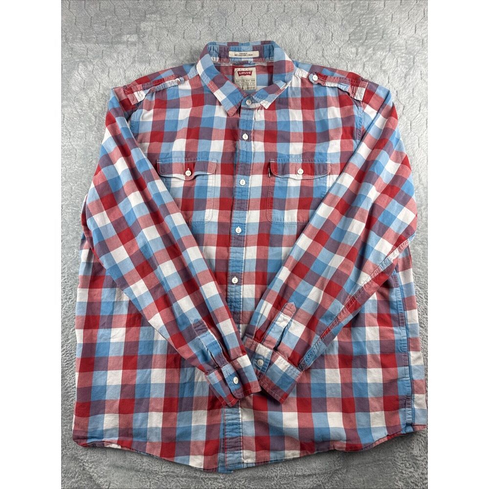 Levi's Slim Fit Plaid Button Front‎ Long Sleeve Blue Plaid Men's Size XXL